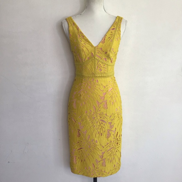 Maeve Women Classy Chic Lemon Yellow Pink Lining V-Neck Sheath Cocktail Dress 0 - Picture 1 of 12